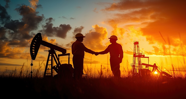 workers shake hands amid the backdrop of oil rigs