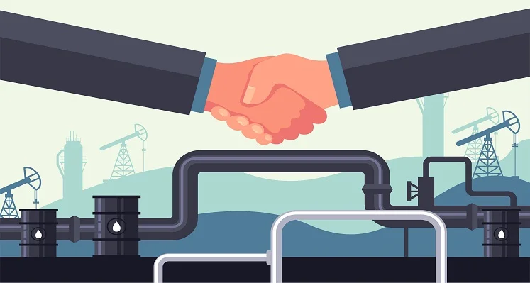 animated image of businessmen shaking hands amid oil and gas scene