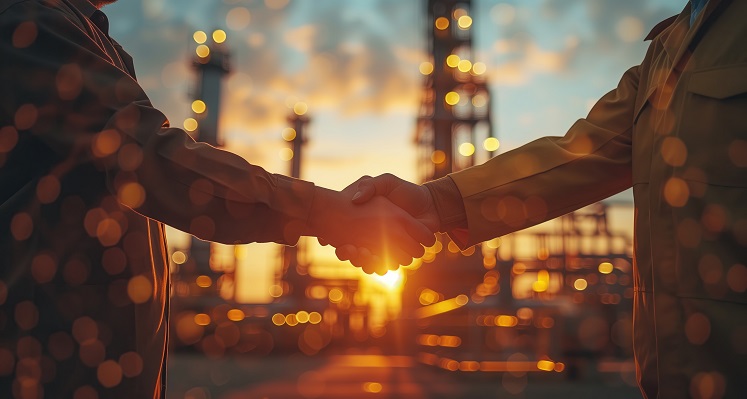 businessmen shaking hands amid oil and gas background