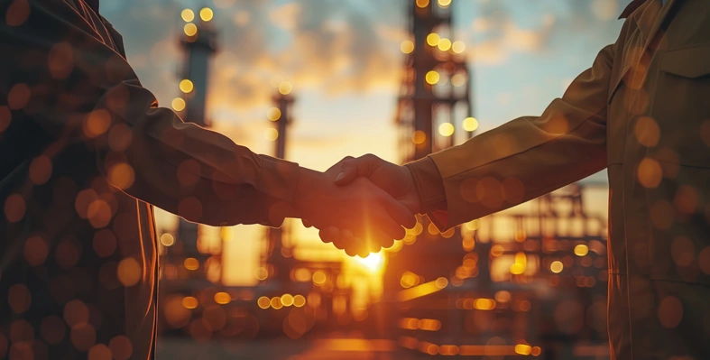 two businessman shaking hands with oil and gas setup in background 