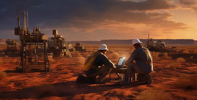workers with a computer amid equipment in a desert
