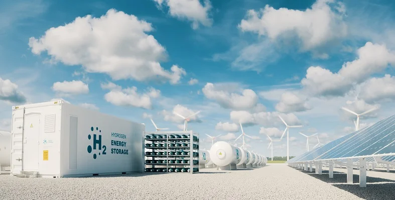 Hydrogen storage on the left with wind turbines in the background and solar panels on the right.