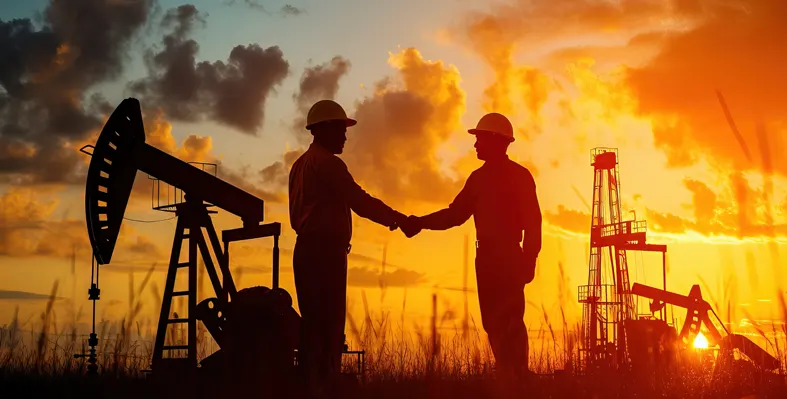 Silhouette_of_two_engineers_shaking_hands_on_farm_out_deal_offshore_Namibia