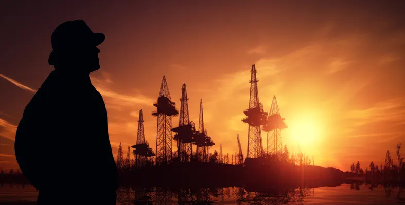 silhouette of an engineer looking over an offshore platform