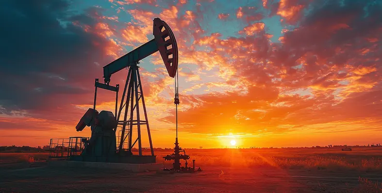 image of an oil rig with sunset in background 