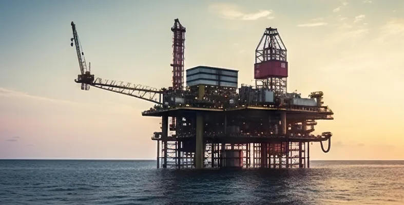 Offshore oil drilling: Silhouette of an oil rig against a sunset backdrop in the sea