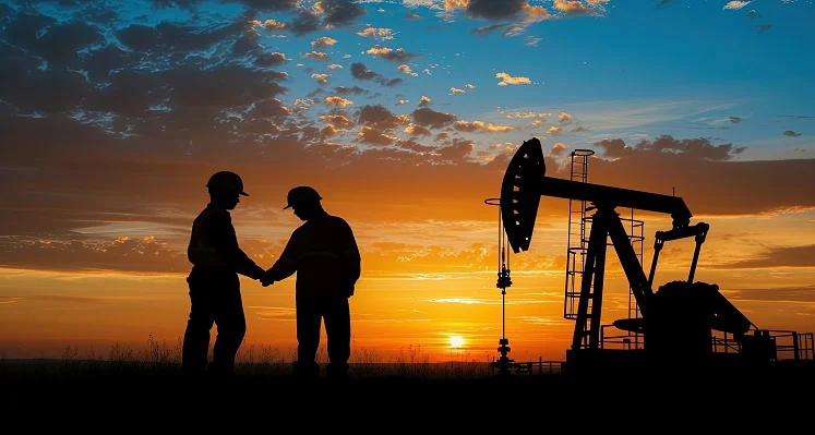 businessmen shaking hands amid oil and gas background