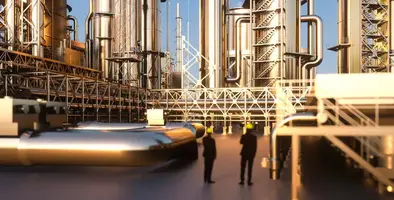 engineers before an oil and gas refinery