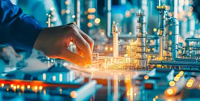 businessman using oil and gas industry replica