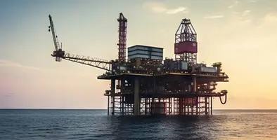 Offshore oil drilling: Silhouette of an oil rig against a sunset backdrop in the sea
