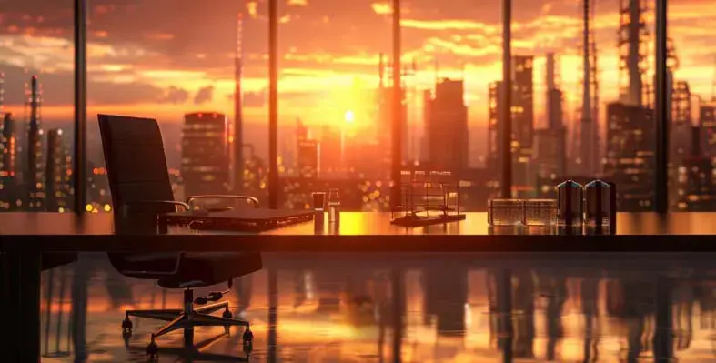 an office with a chair looking over an oil and gas plant 