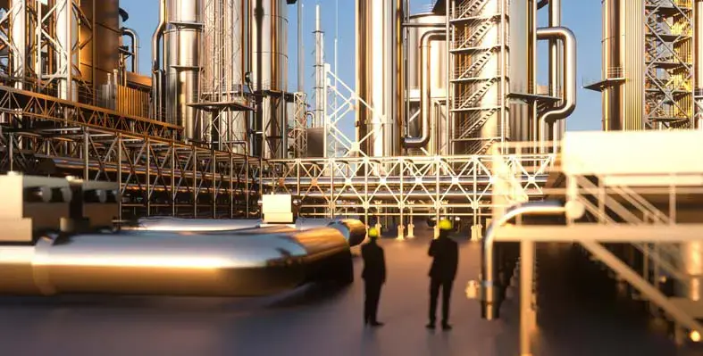 engineers before an oil and gas refinery