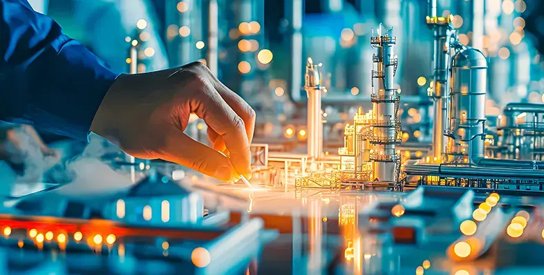 businessman using oil and gas industry replica