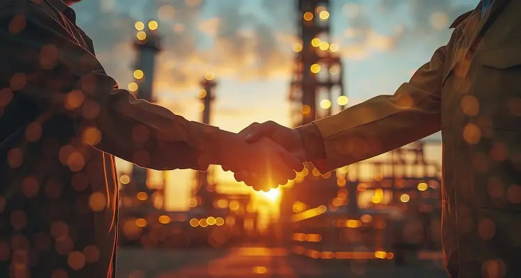 businessmen shaking hands amid oil and gas background
